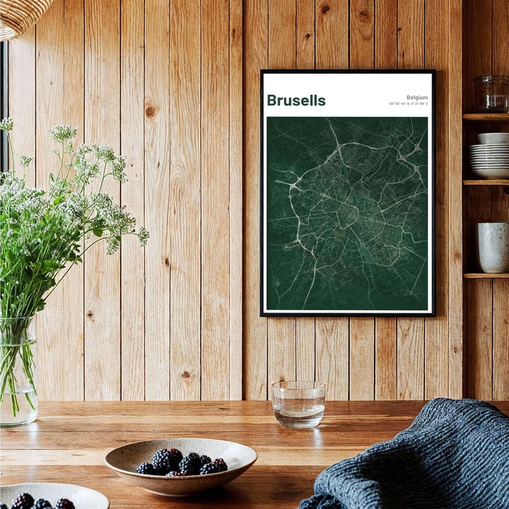 Modern map poster showing the street pathways and district ring roads of Brussels, Belgium, with title text reading Brussels Belgium. Offered by MapYourDreams, this artwork is available in flexible options including unframed paper, custom wooden frames, and gallery canvas wraps.