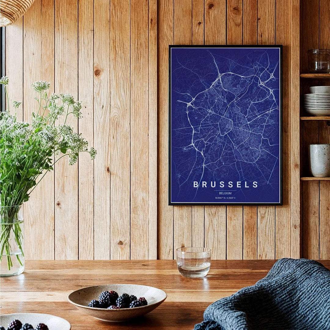 Modern map poster showing the street pathways and district ring roads of Brussels, Belgium, with title typography reading Brussels Belgium. Offered by MapYourDreams, this artwork is available in flexible options including unframed paper, custom wooden frames, and gallery canvas wraps.