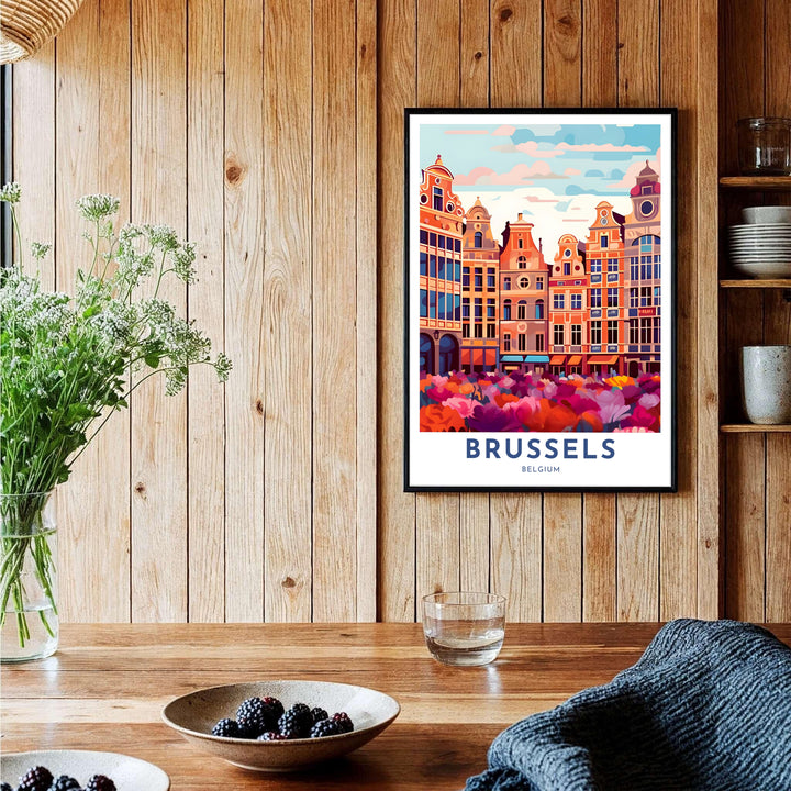 Refined pop art print depicting the central landmark of Brussels Grand Place in Belgium, filled with warm terracotta and rose colors. Choose your preferred finish from standalone unframed matte paper, custom decorative frames, or ready-to-hang gallery canvas options.