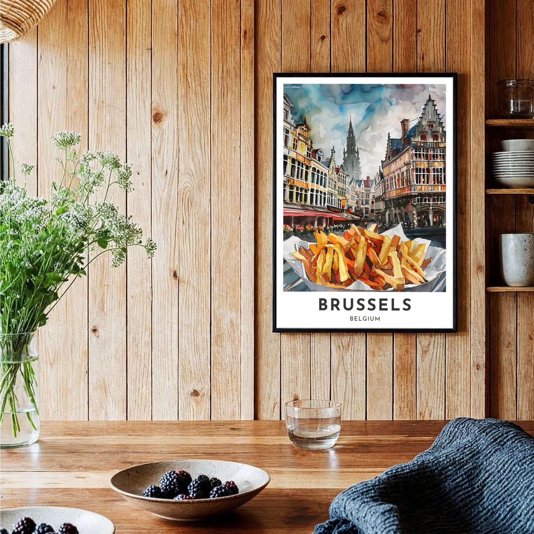 Charming kitchen wall poster portraying golden frites against the historic square of Brussels Grand Place in Belgium with clean bottom lettering. Offered by MapYourDreams, this artwork is available in flexible options including unframed paper, custom wooden frames, and gallery canvas wraps.