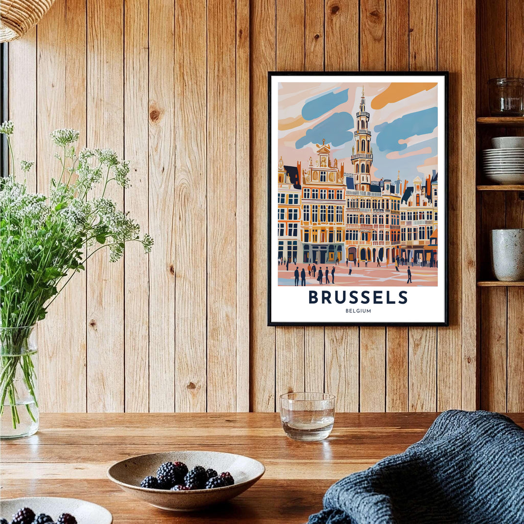 Modern European wall poster depicting the ornate buildings and sunny plaza atmosphere of Brussels Grand Place in Belgium. Offered by MapYourDreams, this artwork is available in flexible options including unframed paper, custom wooden frames, and gallery canvas wraps.