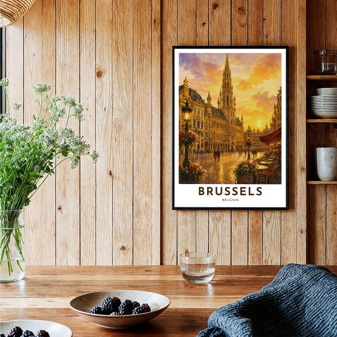 Modern European cityscape poster depicting the sun dipping behind the historic buildings of Brussels Grand Place in Belgium. Offered by MapYourDreams, this artwork is available in flexible options including unframed paper, custom wooden frames, and gallery canvas wraps.