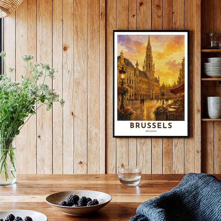 Modern European cityscape poster depicting the sun dipping behind the historic buildings of Brussels Grand Place in Belgium. Offered by MapYourDreams, this artwork is available in flexible options including unframed paper, custom wooden frames, and gallery canvas wraps.