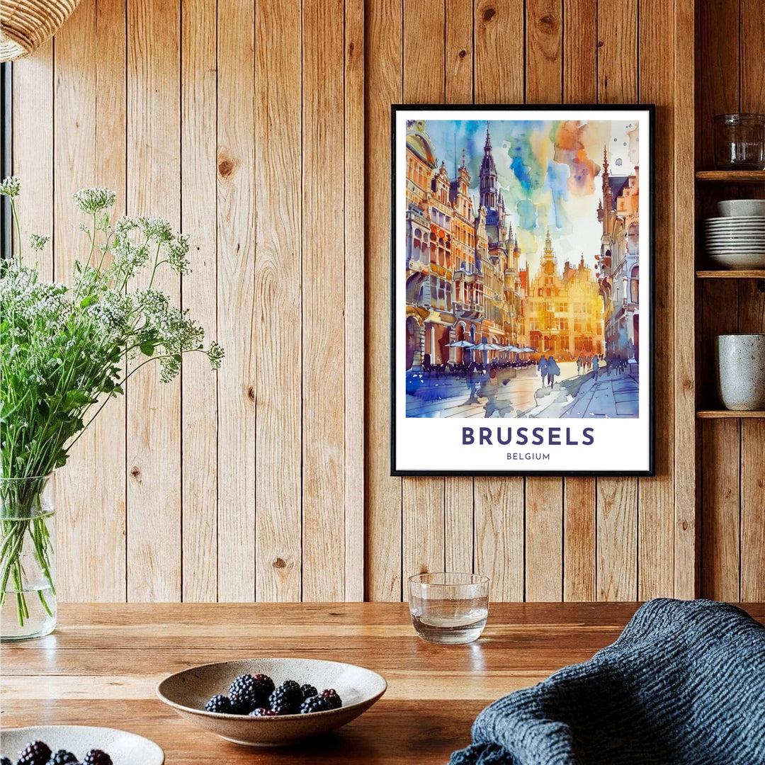 Modern European cityscape poster depicting the historic stone facades and vibrant atmosphere of Brussels Grand Place in Belgium. Offered by MapYourDreams, this artwork is available in flexible options including unframed paper, custom wooden frames, and gallery canvas wraps.