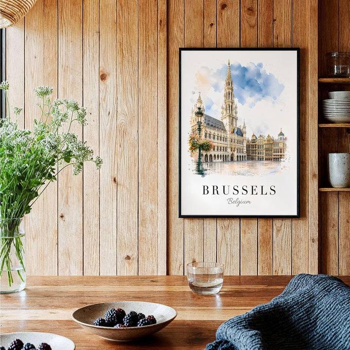 Classic European cityscape poster portraying the timeless architectural beauty of Brussels Grand Place in Belgium against a white backdrop. Offered by MapYourDreams, this artwork is available in flexible options including unframed paper, custom wooden frames, and gallery canvas wraps.