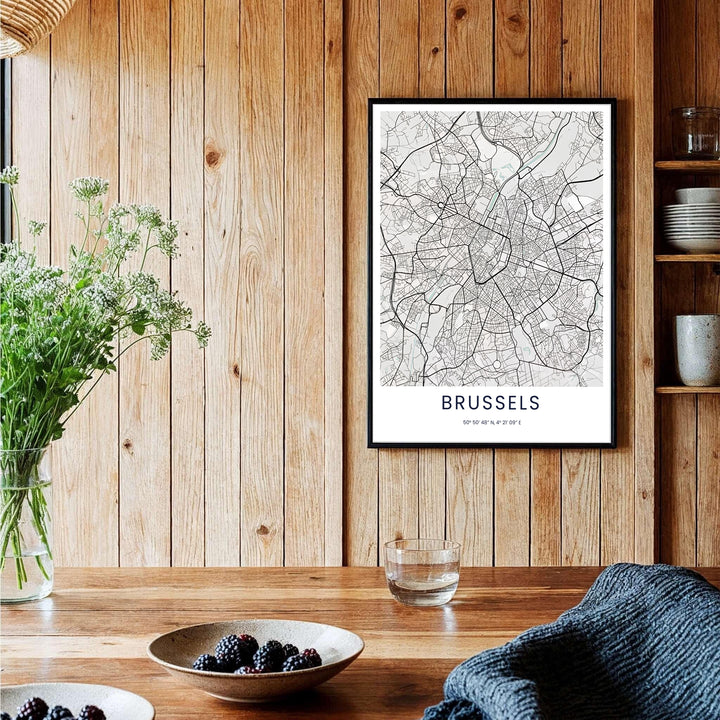 Contemporary monochrome cartography wall poster illustrating the detailed street layout of Brussels in Belgium. Offered by MapYourDreams, this artwork is available in flexible options including unframed paper, custom wooden frames, and gallery canvas wraps.