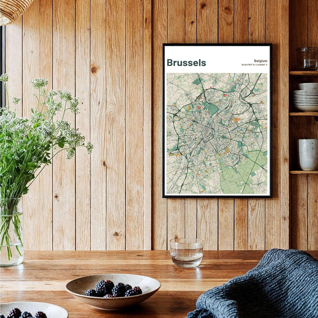 Modern cartography wall poster depicting the detailed road network and district geography of Brussels in Belgium. Offered by MapYourDreams, this artwork is available in flexible options including unframed paper, custom wooden frames, and gallery canvas wraps.