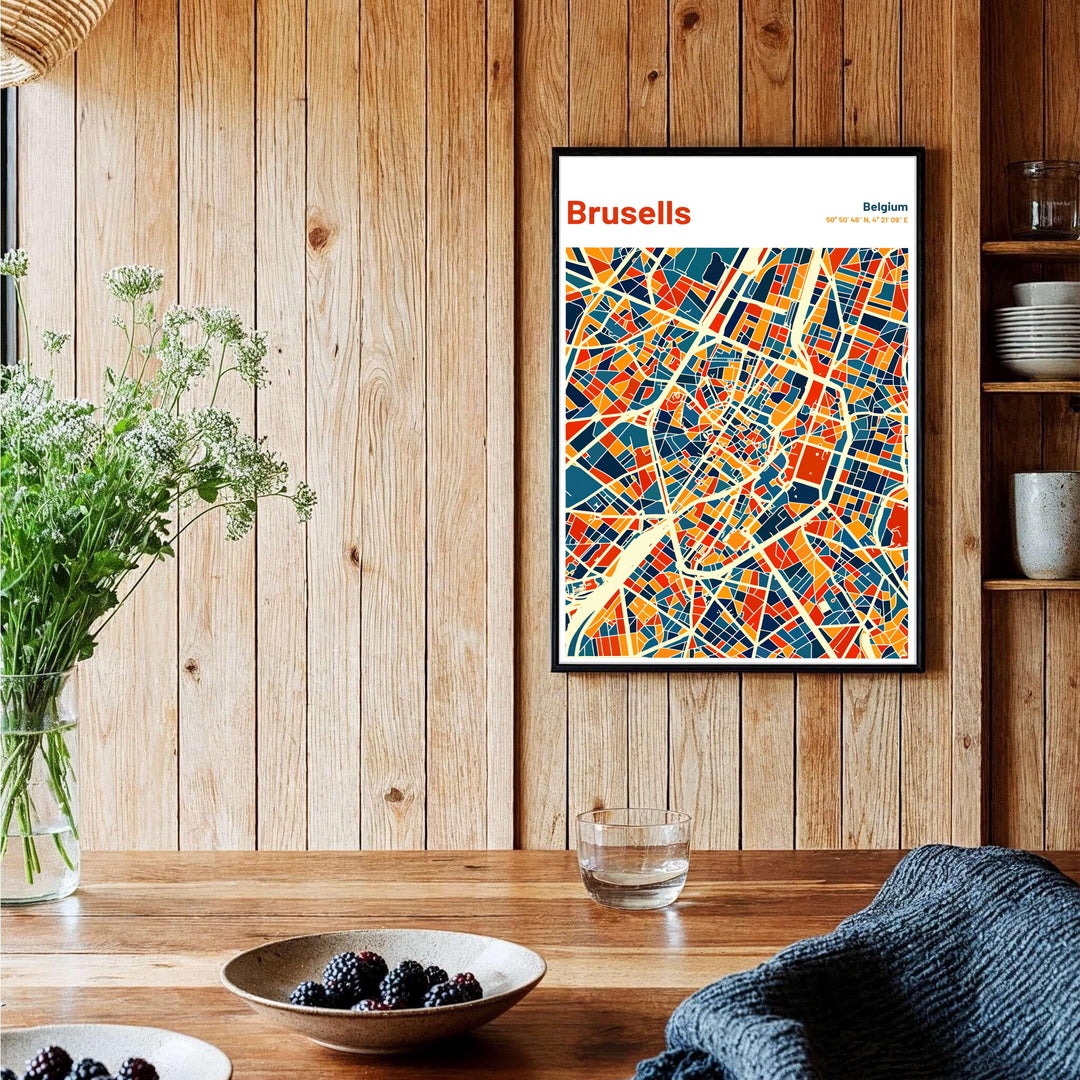 Colorful urban cartography wall poster illustrating the detailed block structure of Brussels in Belgium. Offered by MapYourDreams, this artwork is available in flexible options including unframed paper, custom wooden frames, and gallery canvas wraps.
