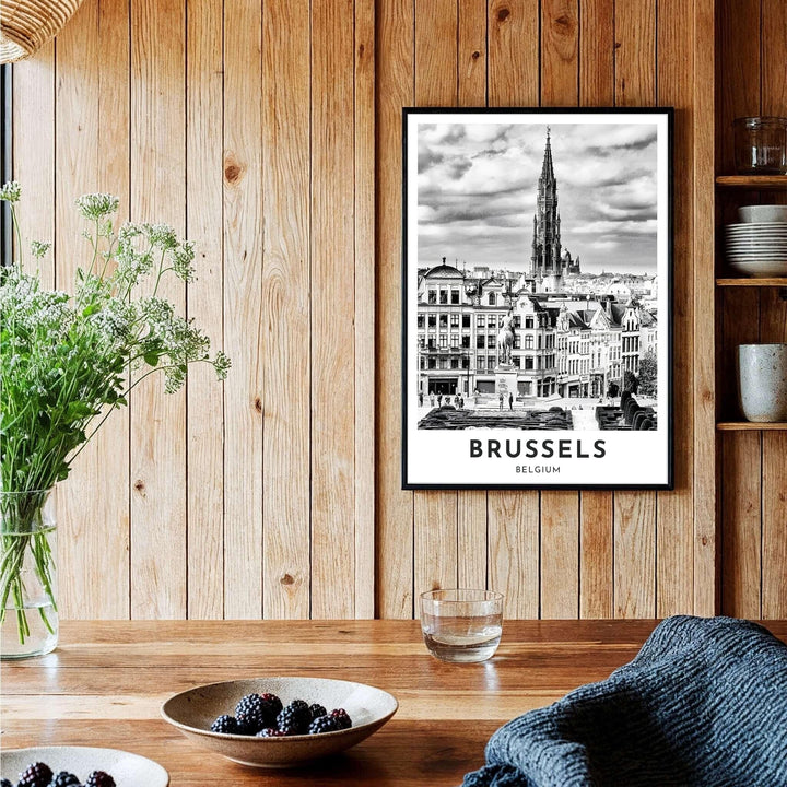 Timeless black and white travel poster portraying the dramatic Gothic architecture and cityscape of Brussels, Belgium. Offered by MapYourDreams, this artwork is available in flexible options including unframed paper, custom wooden frames, and gallery canvas wraps.