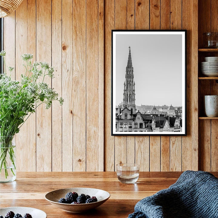 Timeless monochrome cityscape poster capturing the elevated perspective over central rooftops in Brussels, Belgium. Offered by MapYourDreams, this artwork is available in flexible options including unframed paper, custom wooden frames, and gallery canvas wraps.