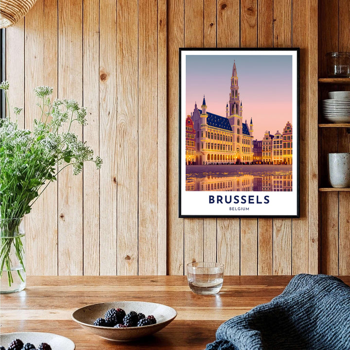 Beautiful European destination art poster depicting the illuminated square and historic buildings of Brussels, Belgium. Offered by MapYourDreams, this artwork is available in flexible options including unframed paper, custom wooden frames, and gallery canvas wraps.