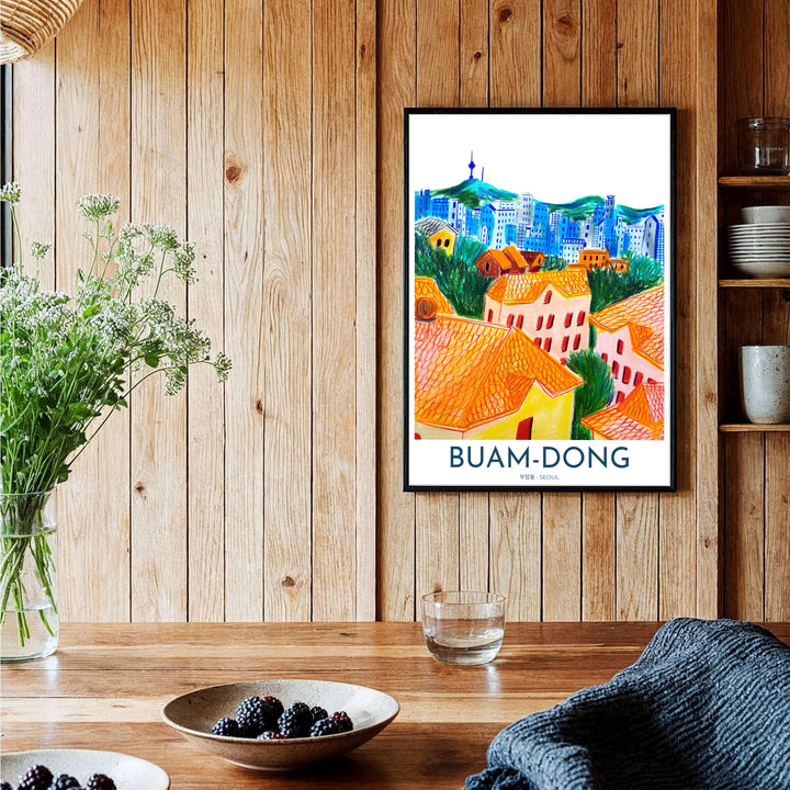 Stylized Korean city illustration art showing Buam-dong&