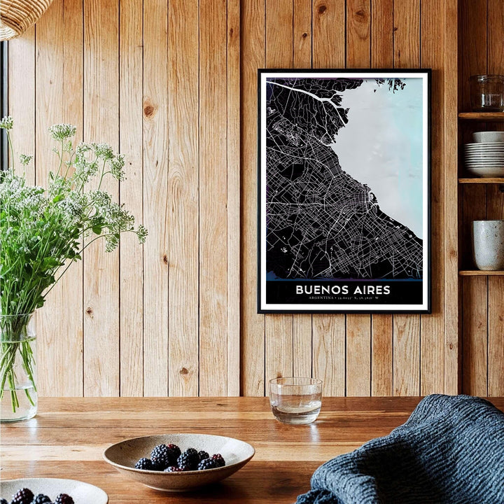 Modern dark mode Buenos Aires map print featuring light blue water and delicate white street lines printed on archival matte paper. Offered in the MapYourDreams store, this artwork suits any room setup in unframed paper, real wood frames, or canvas wrap styles.
