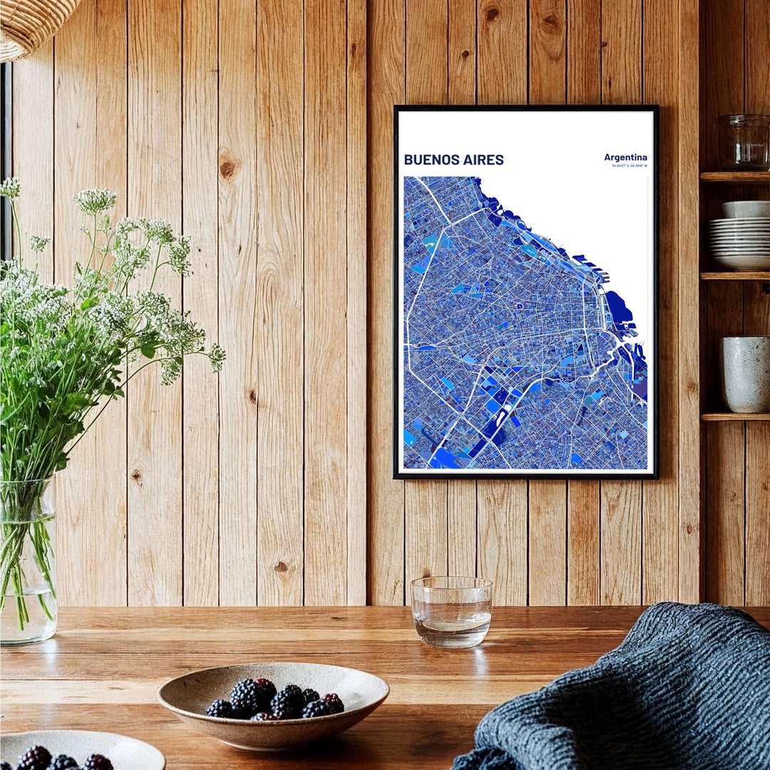 Detailed urban map of Buenos Aires capturing neighborhood districts in geometric blue hues for modern home or office decor. Brought to you by MapYourDreams, this item can be ordered on archival paper, in custom wooden frames, or wrapped on canvas.