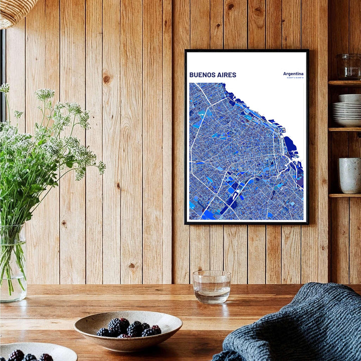 Detailed urban map of Buenos Aires capturing neighborhood districts in geometric blue hues for modern home or office decor. Brought to you by MapYourDreams, this item can be ordered on archival paper, in custom wooden frames, or wrapped on canvas.