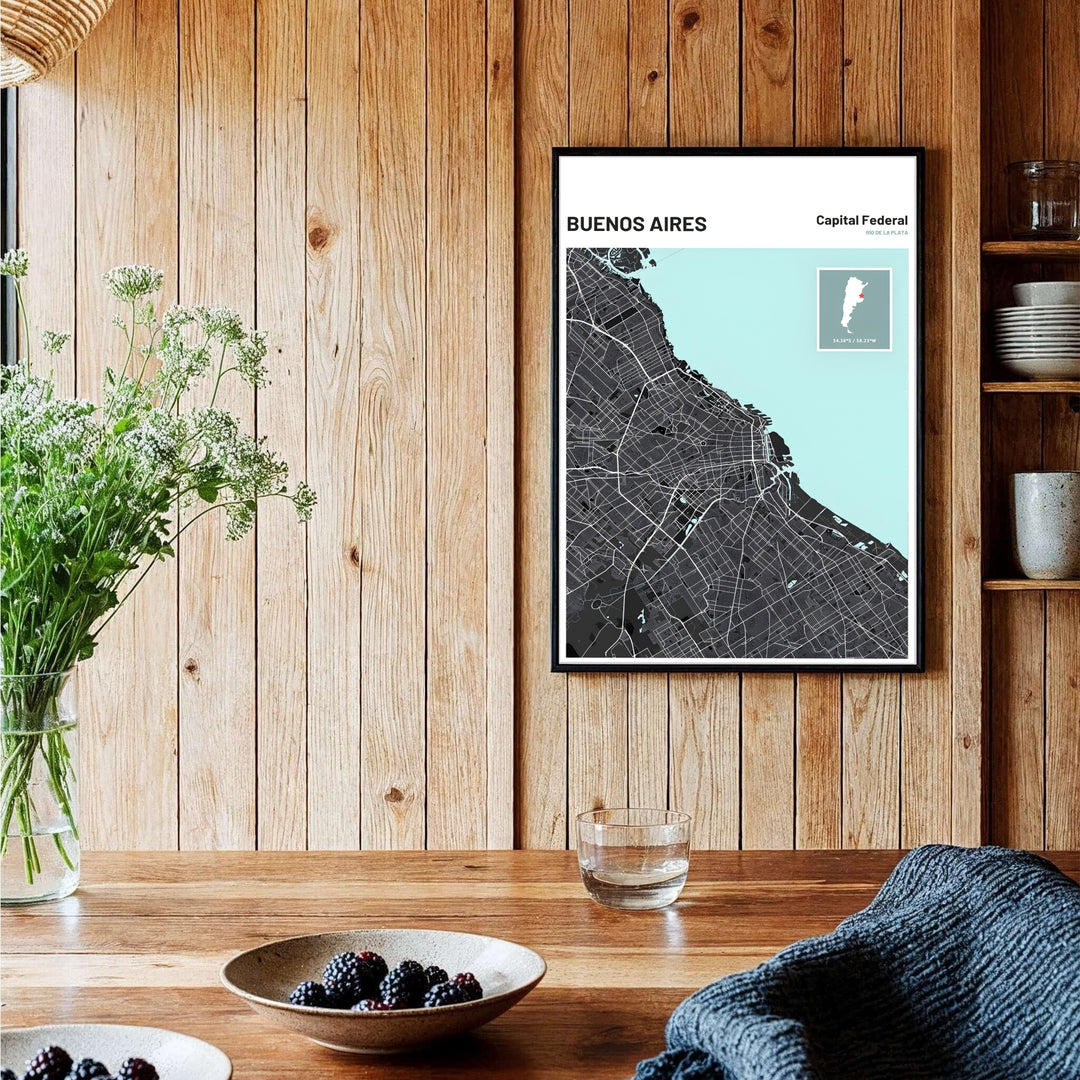 Modern charcoal and mint Buenos Aires map print featuring light green water and delicate white street lines printed on archival matte paper. Offered in the MapYourDreams store, this artwork suits any room setup in unframed paper, real wood frames, or canvas wrap styles.