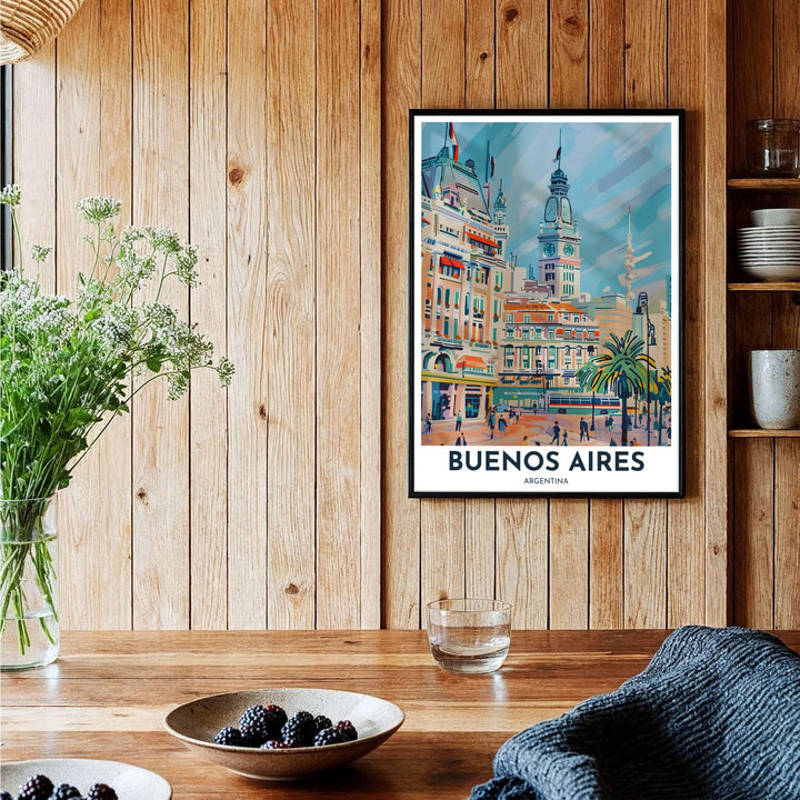 Detailed fine art illustration capturing the Beaux-Arts architectural beauty and tropical palm trees of downtown Buenos Aires. Brought to you by MapYourDreams, this item can be ordered on archival paper, in custom wooden frames, or wrapped on canvas.