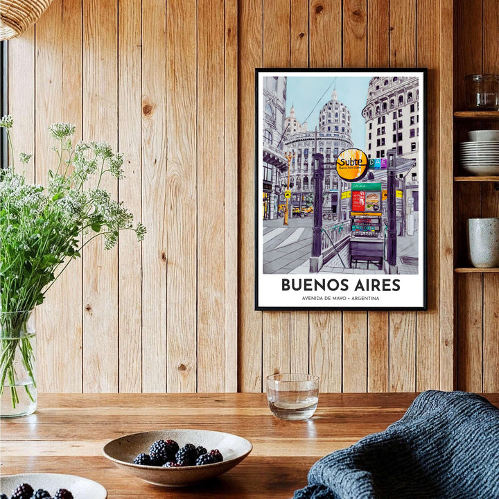 Architectural watercolor poster of central Avenida de Mayo in Argentina illustrating classic building domes and Subte transit signage. Brought to you by MapYourDreams, this item can be ordered on archival paper, in custom wooden frames, or wrapped on canvas.