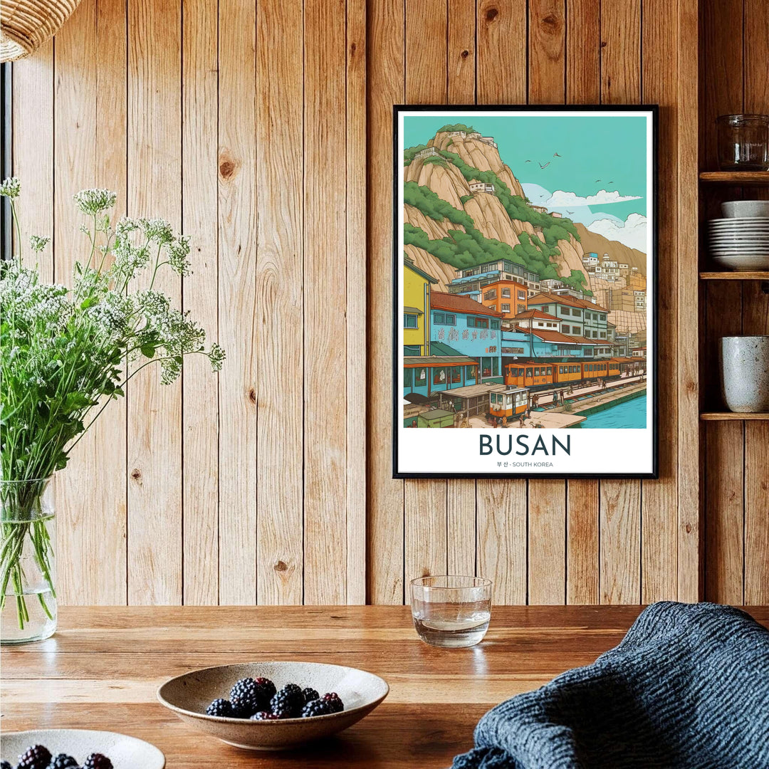 Expressive vector wall decor illustrating the vibrant coastal geography of Busan, South Korea, complete with seaside train cars, colorful rooftops, and soaring cliffs. Offered by MapYourDreams, this artwork is available in flexible options including unframed paper, custom wooden frames, and gallery canvas wraps.