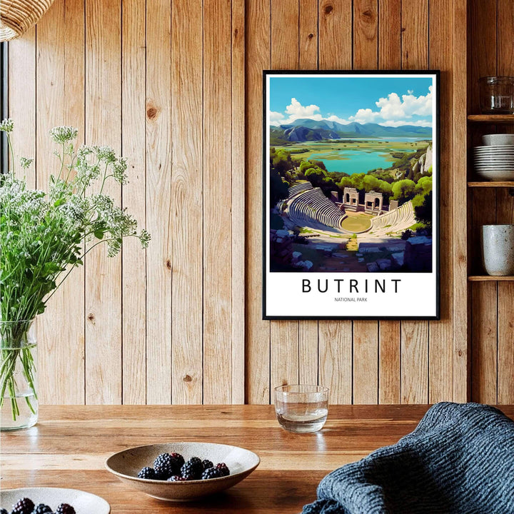 Sophisticated Albania travel art print in vivid green and cerulean blue, bringing ancient Balkan history and European charm into your living space. Offered by MapYourDreams, this artwork is available in flexible options including unframed paper, custom wooden frames, and gallery canvas wraps.