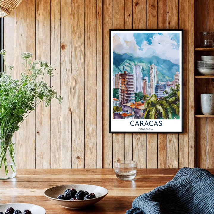 Detailed geography watercolor poster representing the iconic mountain backdrop and urban layout of Caracas, Venezuela. Brought to you by MapYourDreams, this item can be ordered on archival paper, in custom wooden frames, or wrapped on canvas.