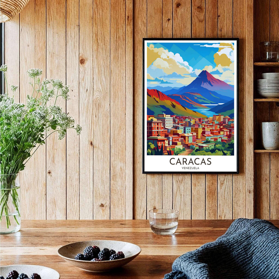Detailed vector geography poster representing the iconic peak of El Ávila National Park and vibrant cityscape of Caracas, Venezuela. Brought to you by MapYourDreams, this item can be ordered on archival paper, in custom wooden frames, or wrapped on canvas.
