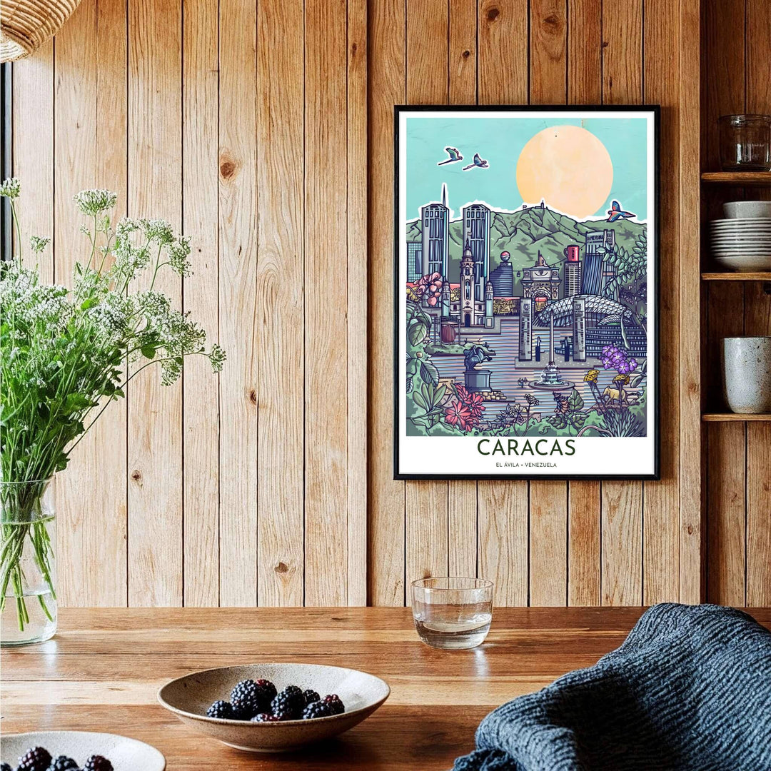 Detailed illustrated geography poster representing the famous landmarks, tropical flowers, and macaws of Caracas, Venezuela. Brought to you by MapYourDreams, this item can be ordered on archival paper, in custom wooden frames, or wrapped on canvas.