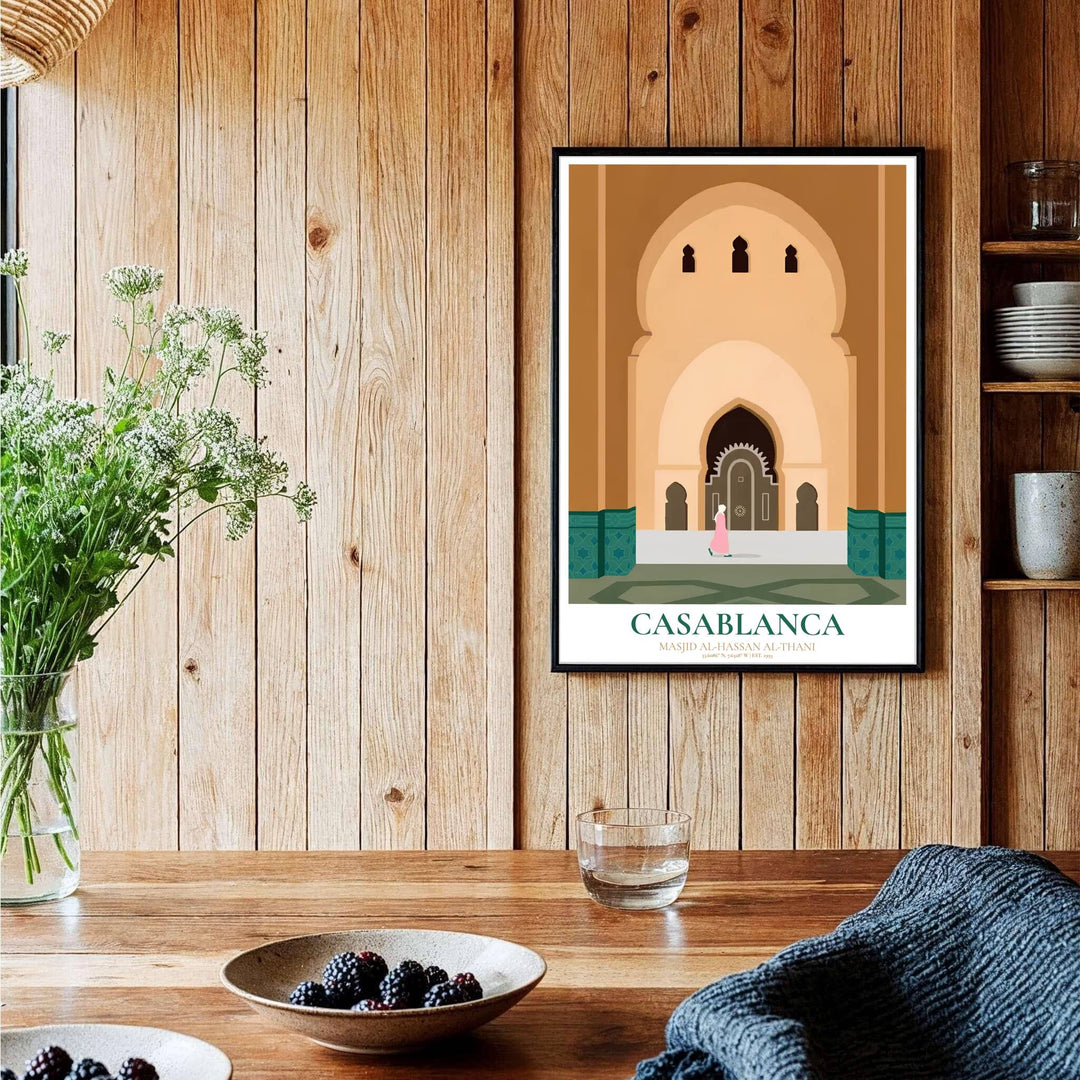 Symmetrical vector print of historic Hassan II Mosque in Casablanca Morocco showing carved stone arches and decorative tilework. Curated by MapYourDreams, this artwork is available in flexible options including unframed paper, custom wooden frames, and gallery canvas wraps tailored for interior design.