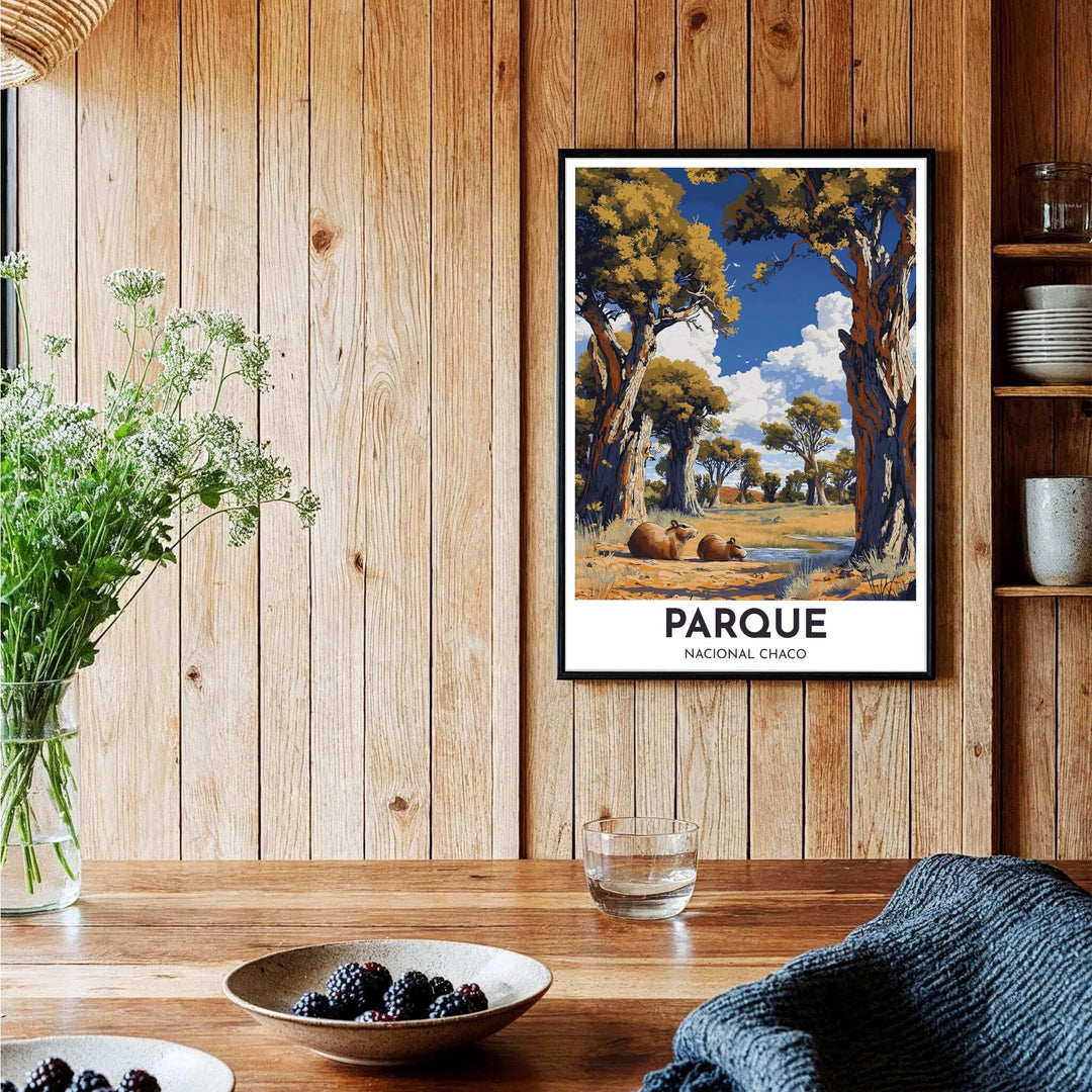 Rustic capybara forest art print showing the natural wildlife habitat of Chaco National Park. Brought to you by MapYourDreams, this item can be ordered on archival paper, in custom wooden frames, or wrapped on canvas.