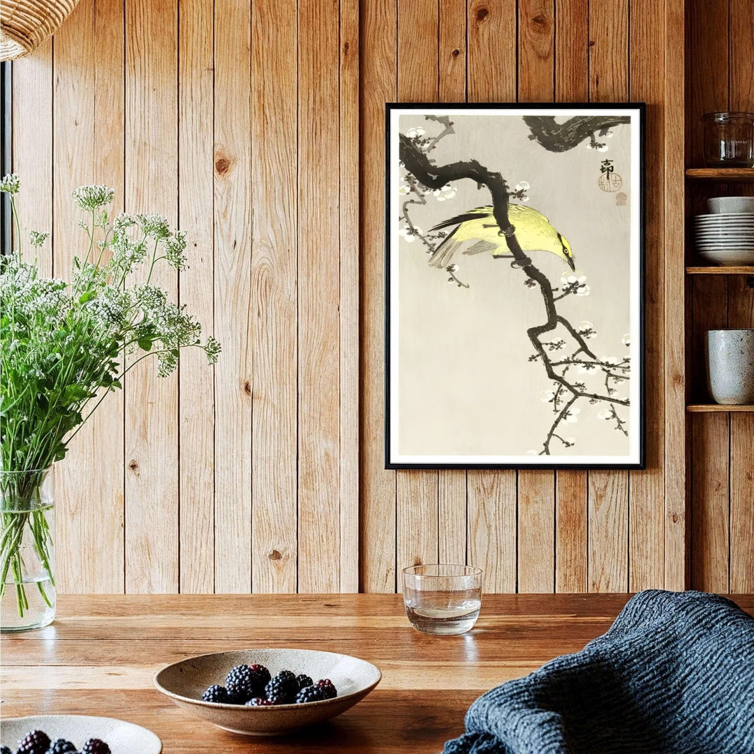 Vintage 1900 1910 Japanese woodblock poster displaying a songbird on a branch reminiscent of Nara floral exhibitions. Shop high-definition framed, unframed, and canvas art print options at MapYourDreams.
