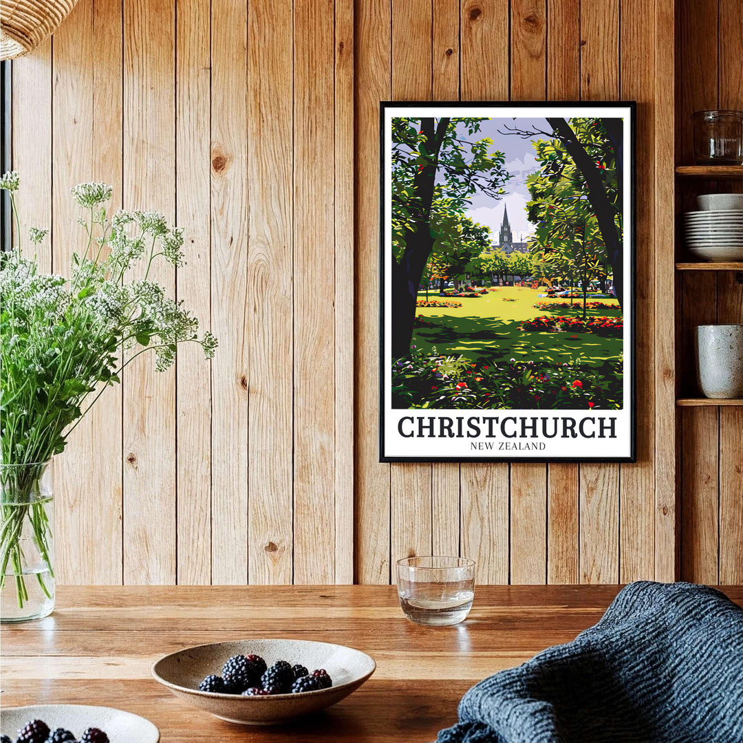 A quiet garden perspective looking toward the historic spire of Christchurch Cathedral in Christchurch Botanic Gardens highlights this print. Shop premium framed, unframed, and canvas options online today.