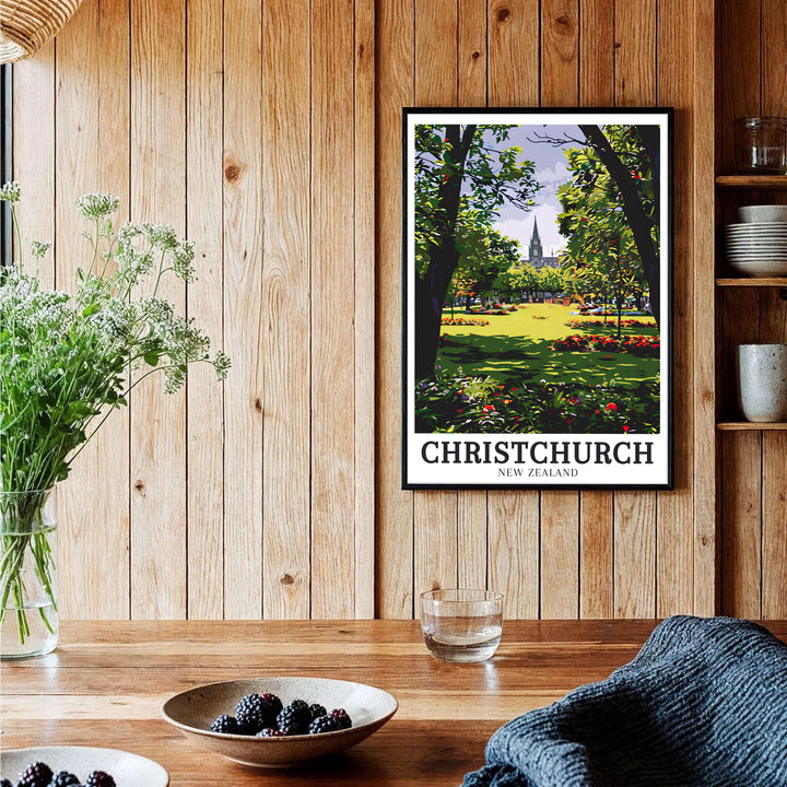 A quiet garden perspective looking toward the historic spire of Christchurch Cathedral in Christchurch Botanic Gardens highlights this print. Shop premium framed, unframed, and canvas options online today.