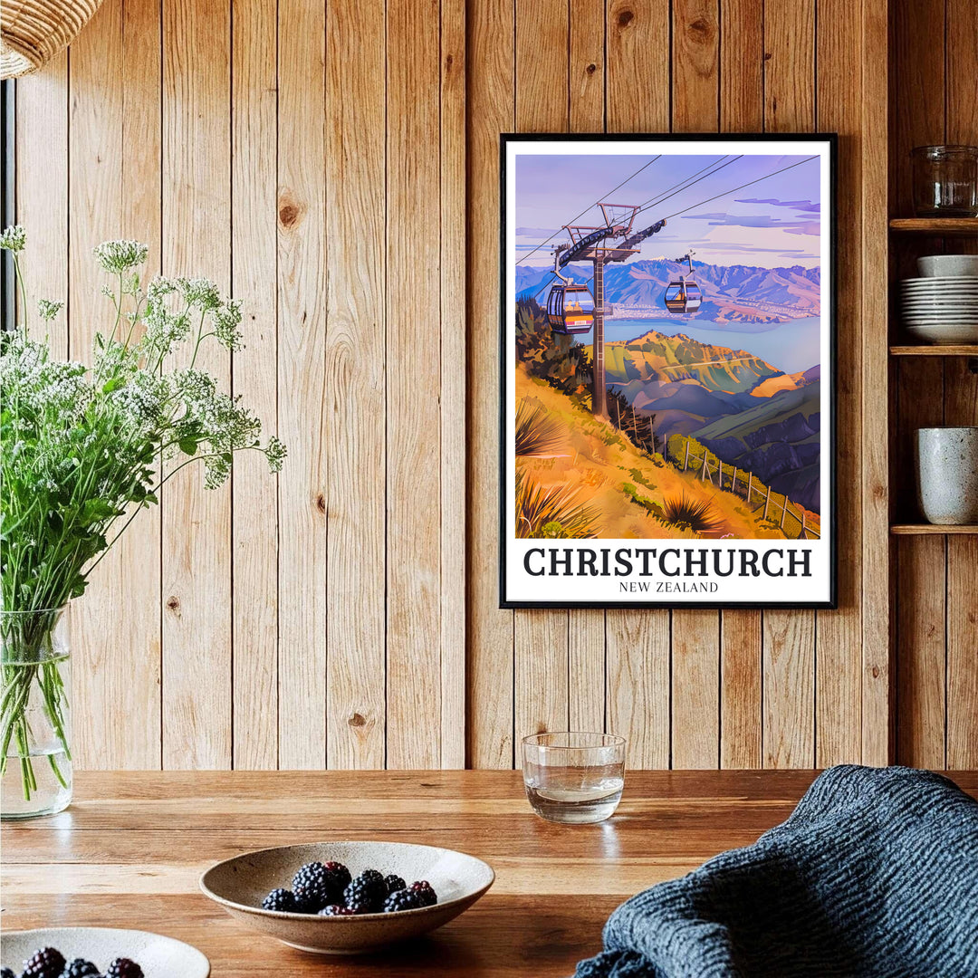 An alpine cable car perspective looking across Port Hills toward Lake Ellesmere in ChristChurch highlights this print. Shop premium framed, unframed, and gallery canvas options at MapYourDreams today.