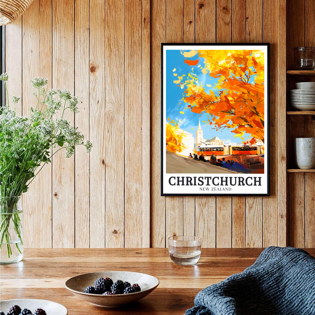 A historic urban view of Christchurch Heritage Trams and Cathedral Square spire defines this art print. Shop premium framed, unframed, and gallery canvas options at MapYourDreams today.