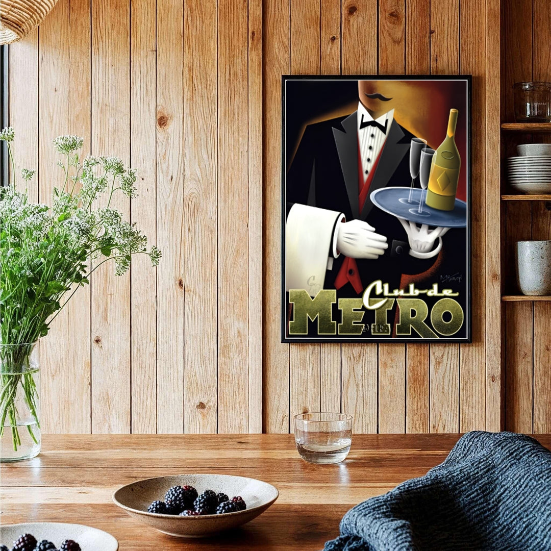 Metallic gold and jet black poster of Club de Metro featuring crisp white gloves, tuxedo details, and a champagne bottle, provided by MapYourDreams with available options like unframed paper prints, gallery canvas, or custom frame finishes in natural wood, pure gold, and retro black.