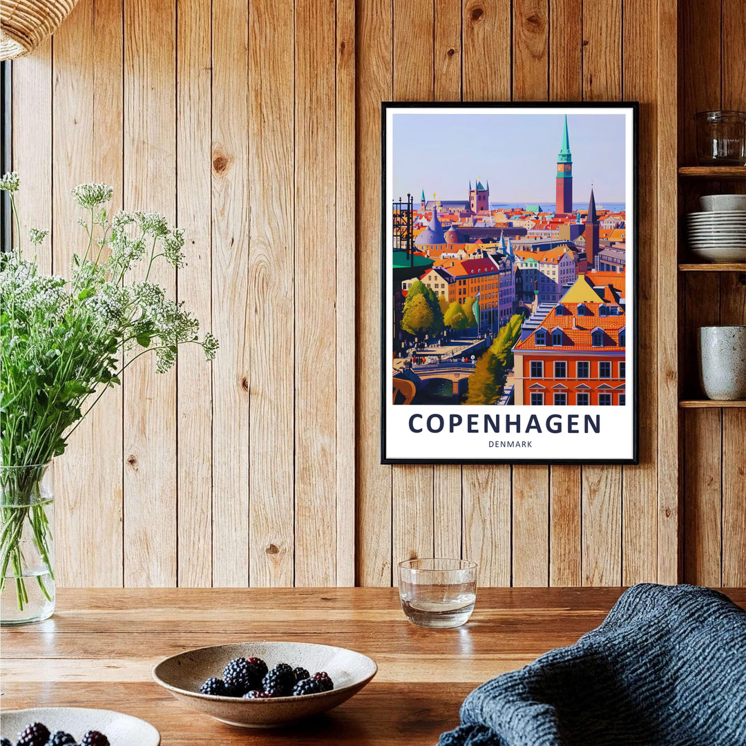 Vibrant European city poster featuring Denmark capital architecture and blue canal waters. Offered by MapYourDreams, this artwork is available in flexible options including unframed paper, custom wooden frames, and gallery canvas wraps.