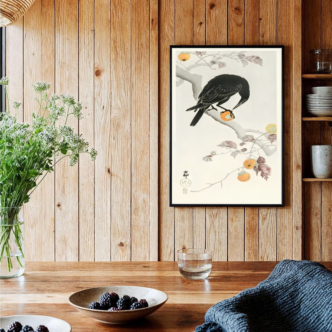 Vintage 1900 1910 Japanese woodblock poster displaying a crow on a branch reminiscent of Nara autumn exhibitions. Shop high-definition framed, unframed, and canvas art print options at MapYourDreams.