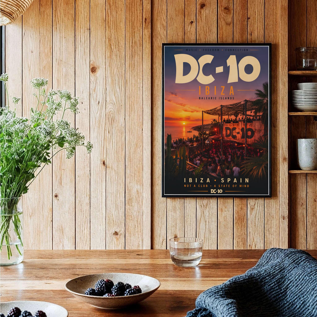 70s style travel poster illustrating legendary music venue and sunset coast at DC-10 in Ibiza, Spain, created by MapYourDreams where customers can select an unframed poster, gallery wrapped canvas, or custom frame finish to create a festival gallery wall.