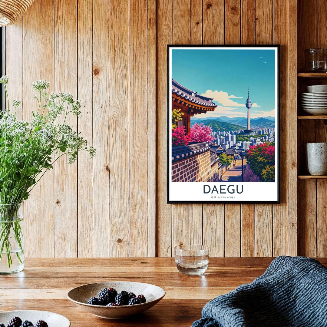 Expressive vector wall decor illustrating the cultural geography of Daegu, South Korea, combining ancient wooden architecture with modern radio and observation towers. Offered by MapYourDreams, this artwork is available in flexible options including unframed paper, custom wooden frames, and gallery canvas wraps.