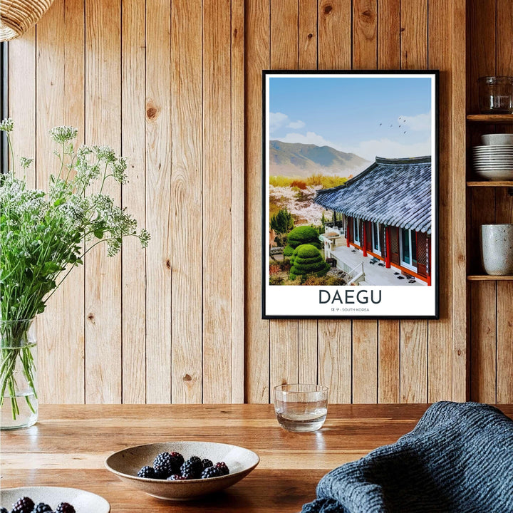Expressive landscape wall decor illustrating the cultural serenity of Donghwasa Temple in Daegu, South Korea, combining historic temple roofs with misty mountain backdrops. Offered by MapYourDreams, this artwork is available in flexible options including unframed paper, custom wooden frames, and gallery canvas wraps.