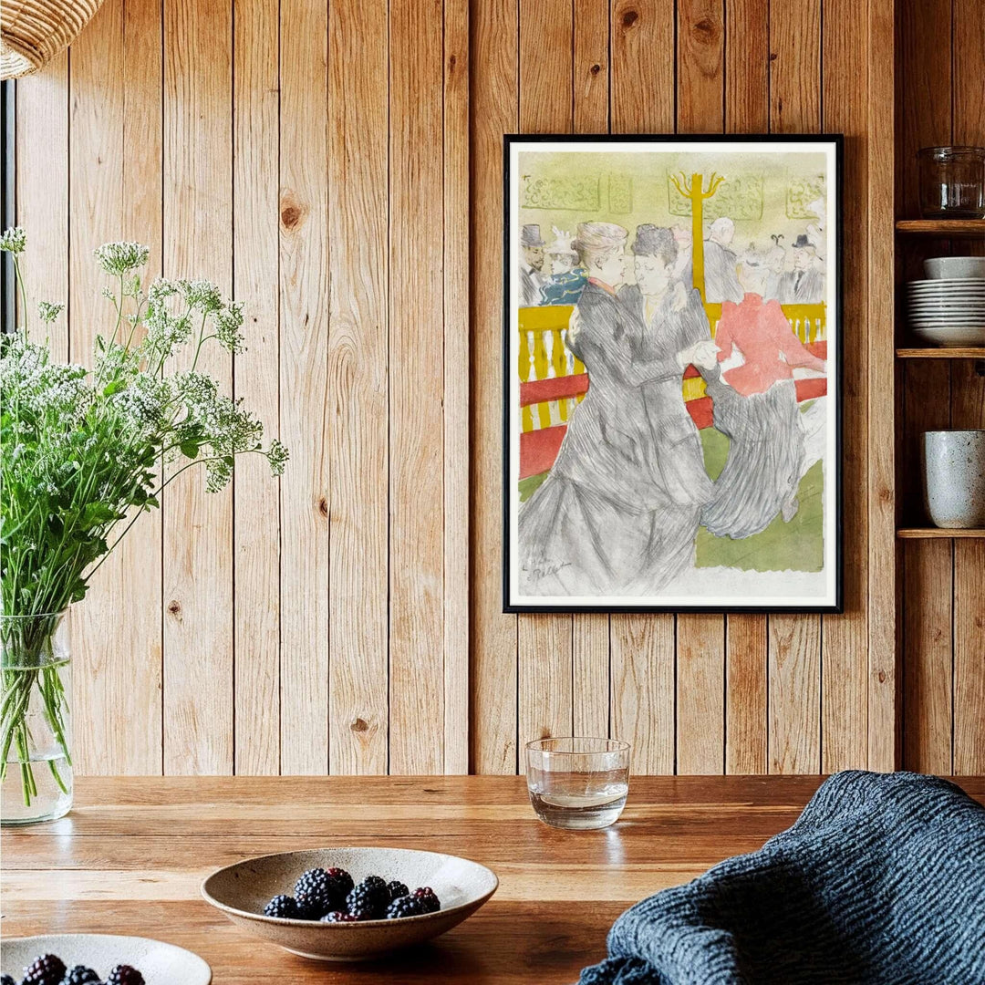 Authentic 19th-century French dance wall decor print of Dance At The Moulin Rouge (1897), Henri de Toulouse-Lautrec set in Paris, France. Order custom framed prints, unframed fine art paper, or gallery canvas print options from MapYourDreams for your personal interior setup needs.
