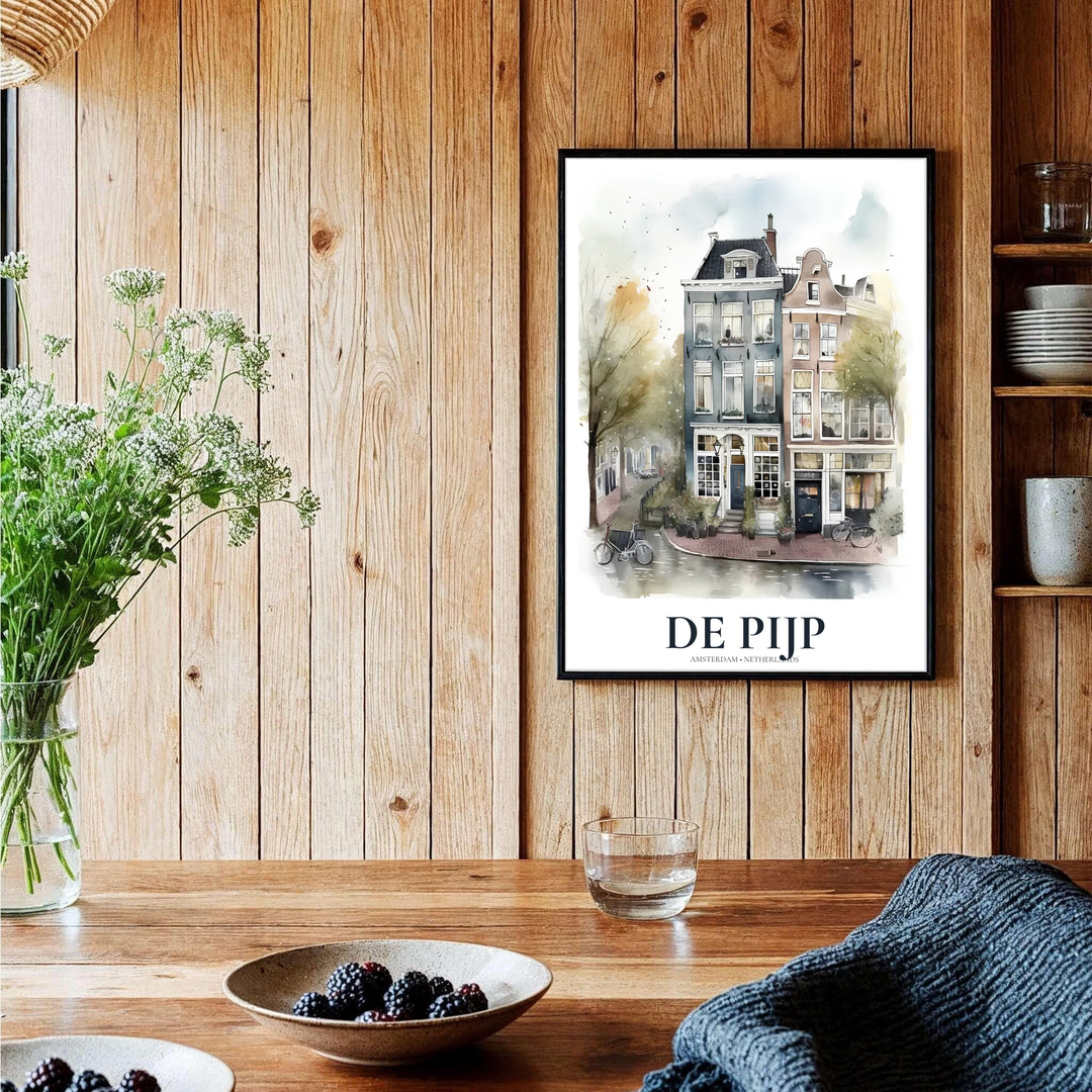 Architectural travel poster featuring historic facades, multi-pane windows, and bicycles in De Pijp Amsterdam, offered by MapYourDreams where you can select an unframed poster, a gallery wrapped canvas, or a custom frame option to build a sophisticated European gallery wall.