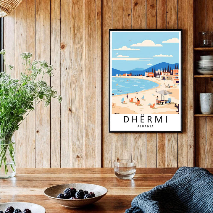 Sophisticated Albania travel art print in sunny peach and bright turquoise, bringing Balkan Riviera vibes and European charm into your living space. Offered by MapYourDreams, this artwork is available in flexible options including unframed paper, custom wooden frames, and gallery canvas wraps.