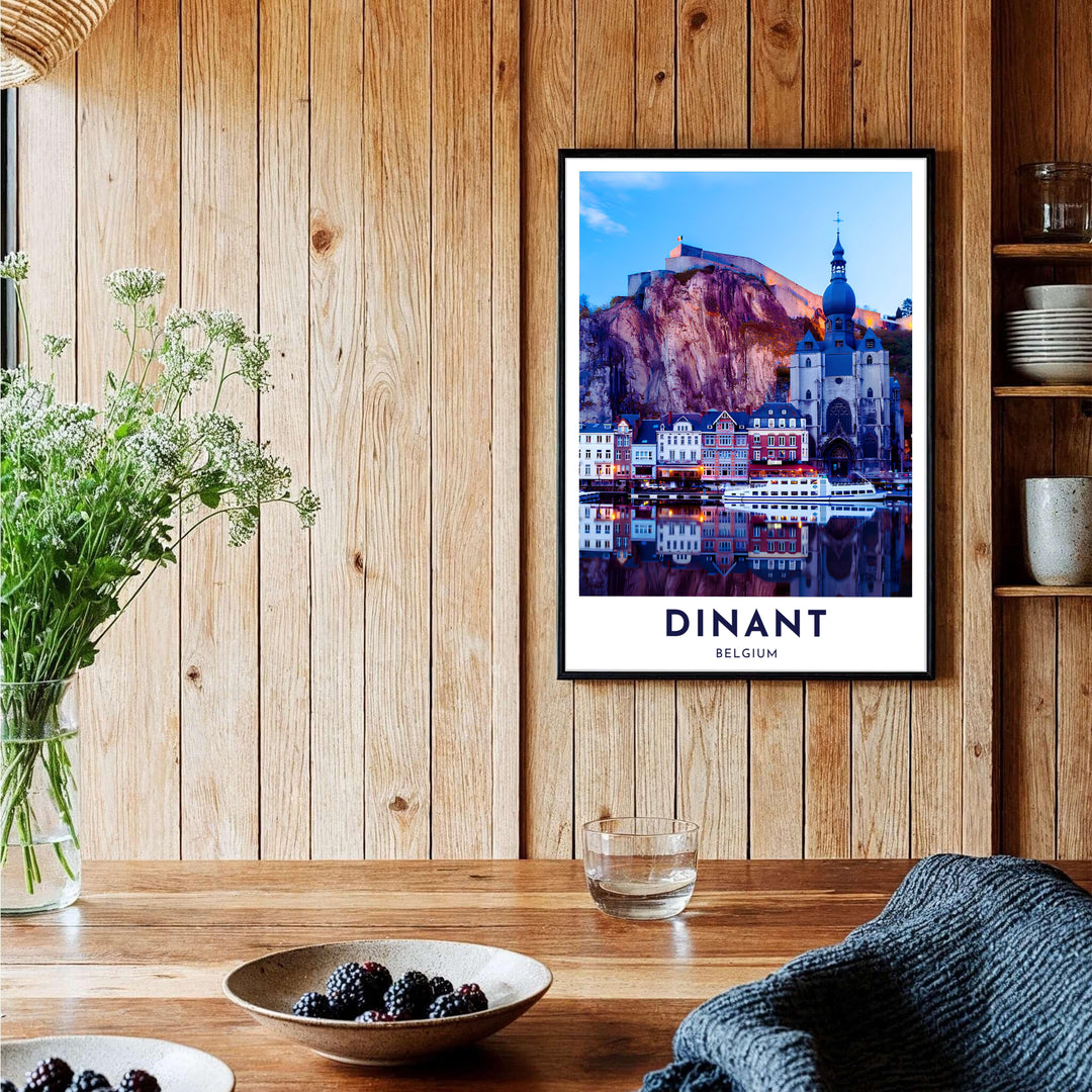 Breathtaking twilight landscape photograph of the Citadel and Meuse River in Dinant, Belgium. Offered by MapYourDreams, this artwork is available in flexible options including unframed paper, custom wooden frames, and gallery canvas wraps.