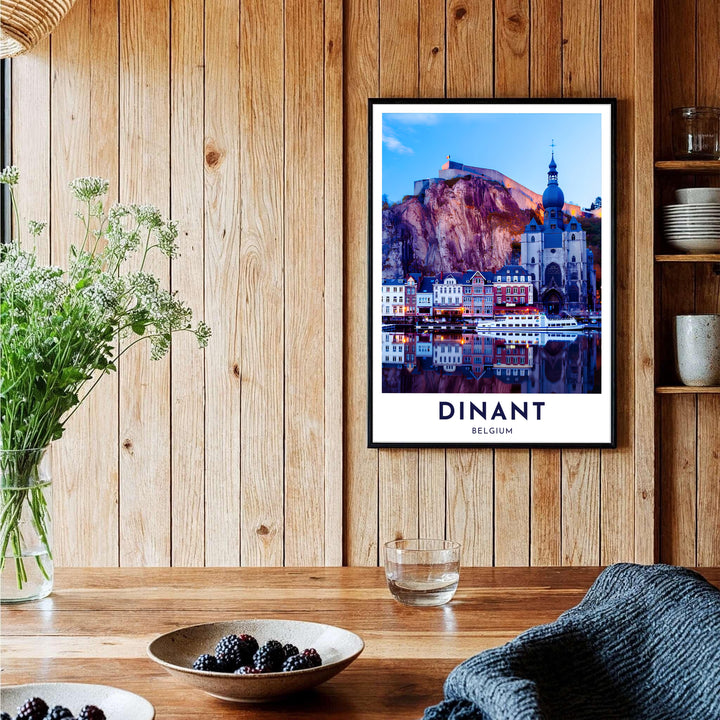 Breathtaking twilight landscape photograph of the Citadel and Meuse River in Dinant, Belgium. Offered by MapYourDreams, this artwork is available in flexible options including unframed paper, custom wooden frames, and gallery canvas wraps.