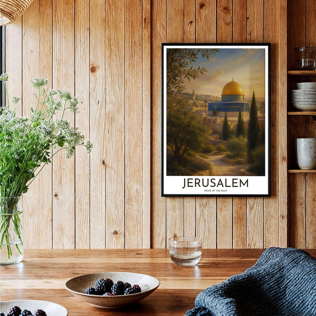 Artistic landscape painting print of historic Dome of the Rock in Jerusalem showing golden dome, blue tiles, and stone paths. Curated by MapYourDreams, this artwork is available in flexible options including unframed paper, custom wooden frames, and gallery canvas wraps tailored for interior design.