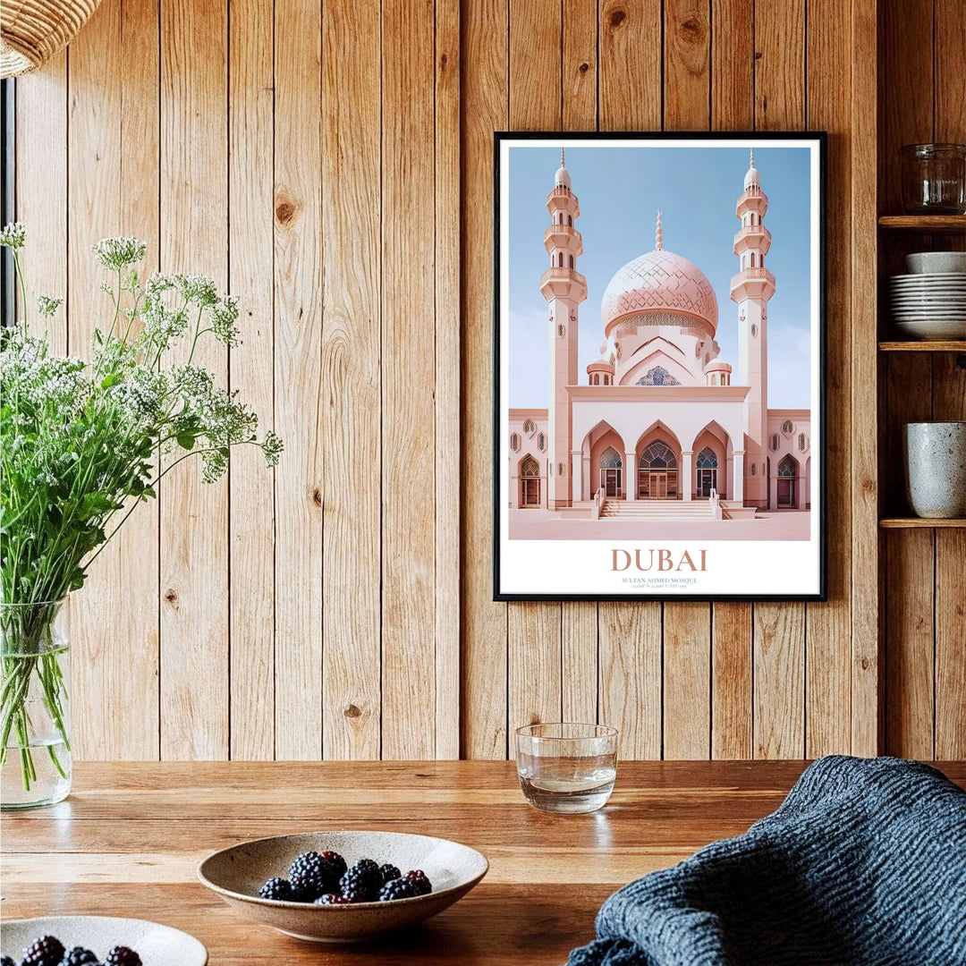 Symmetrical vector print of historic Jumeirah Mosque in Dubai showing blushing sandstone walls and soaring minarets. Curated by MapYourDreams, this artwork is available in flexible options including unframed paper, custom wooden frames, and gallery canvas wraps tailored for interior design.