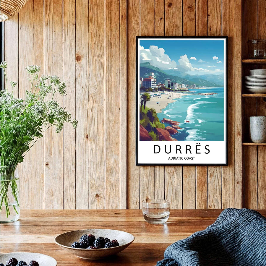 A bright coastal travel print depicting Durrës Beach in Albania, framed by clean white borders and crisp sans-serif cartographic text. Choose from several presentation options including unframed paper, custom frames, and gallery canvas wraps.