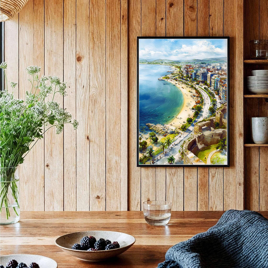 Historic Venetian Tower ruins stand proudly above the palm-studded promenade of Durrës in this vibrant Balkan watercolor travel print. Offered by MapYourDreams, this artwork is available in flexible options including unframed paper, custom wooden frames, and gallery canvas wraps.