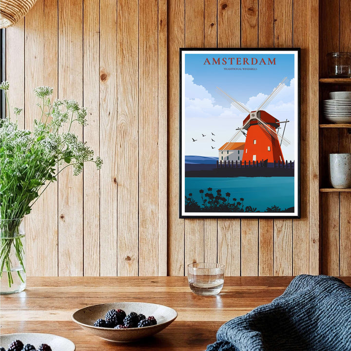 Sky blue and terracotta city poster of a classic Dutch windmill on a stone pier in Amsterdam Netherlands, provided by MapYourDreams with available options like unframed paper prints, gallery canvas, or custom frame finishes in natural wood, pure gold, and bronze for dining spaces.